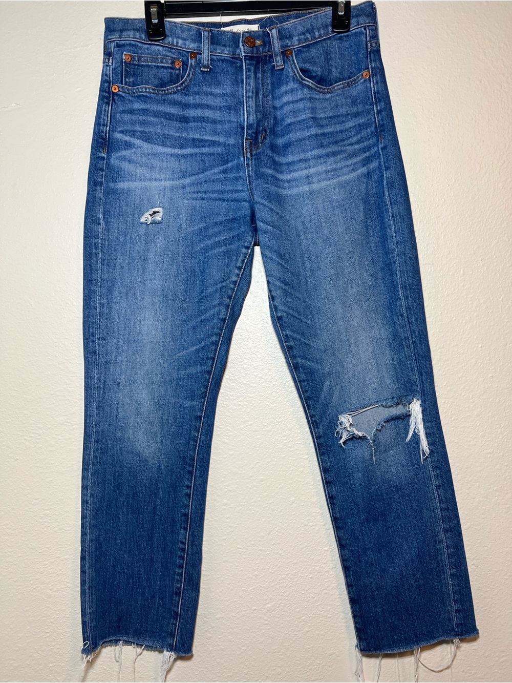 Madewell Straight Crop Distressed Jeans Womens Blue Denim Mid Rise  Size 28